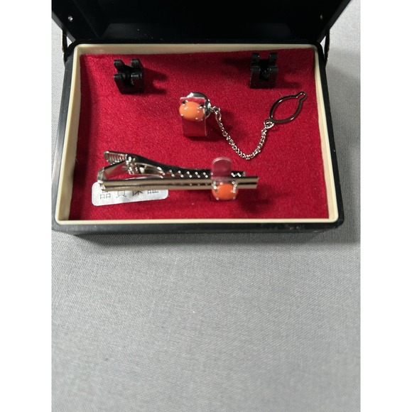 Coral tie clip and tie pin with box coral bead set in silver tone men's fashion - Picture 1 of 11